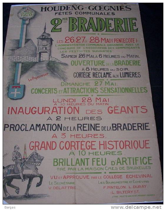 Affiche HOUDENG GOEGNIES  Braderie 1928 Illustration Pigeonnier Signée E. COUTURIAUX - Affiches