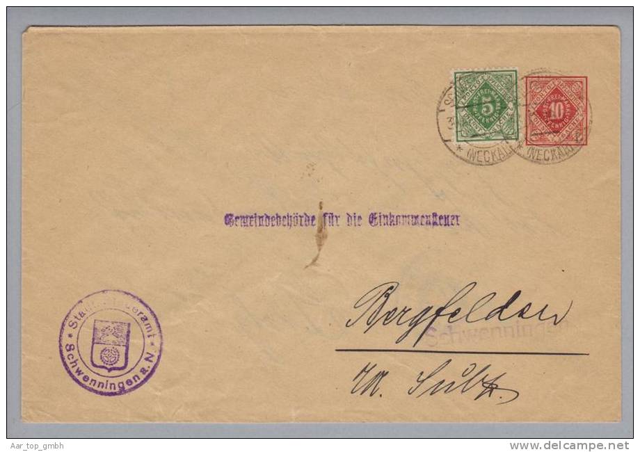 Heimat De BW Schwenningen 1919-04-30 Dienst-GS + 5Pf. N.Sulz Doppelt Verwendet - Enteros Postales