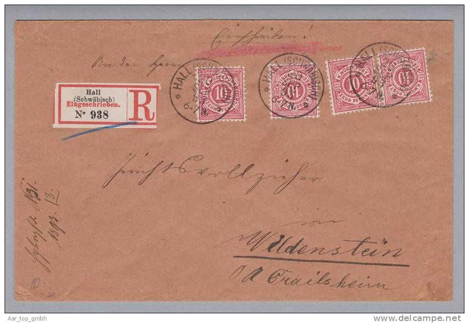 Heimat De BW Hall (Schwaben) 1893-10-20 R-Brief 4x10Pf. Nach Wildenstein - Storia Postale