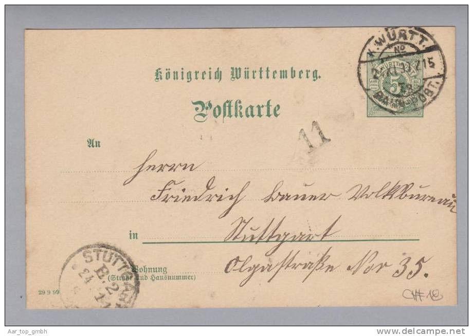 Heimat De BW Bahnpost K.Württ. 1899-11-24 L215 O#72 Vermerk "11" Marbach>Stuttgart - Postal  Stationery