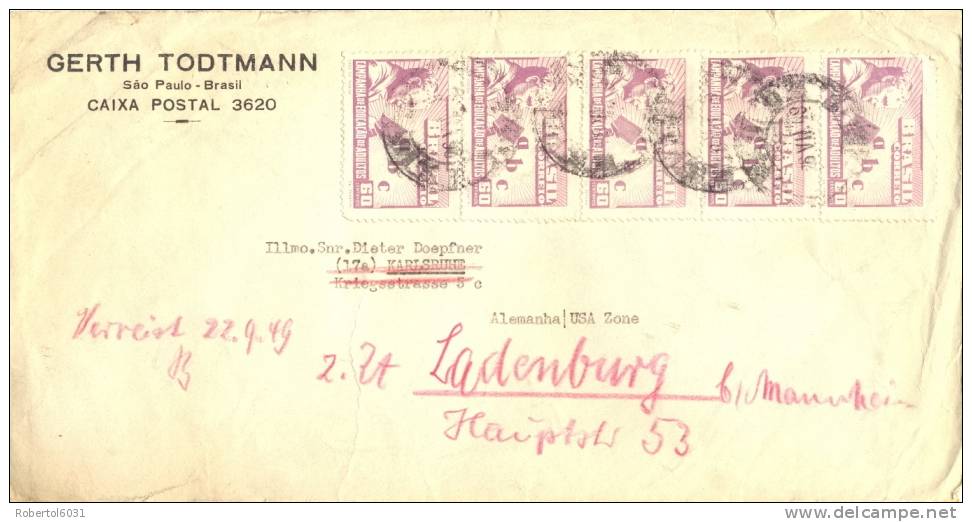 Brazil 1949 Cover From Sao Paulo To Germany Franked With 5 Stamps Campaign Of Adult Education - Lettres & Documents