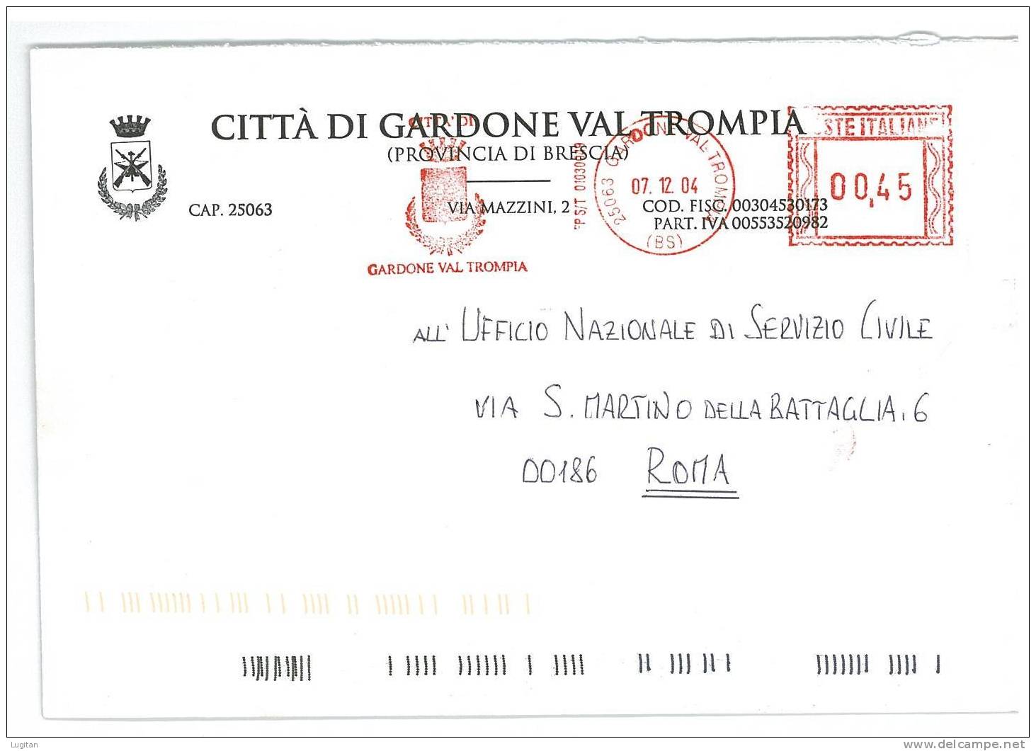 GARDONE VALTROMPIA CAP 25063  PROV. BRESCIA  ANNO 2004  BS - AMR - LOMBARDIA -TEMATICA COMUNI D'ITALIA - STORIA POSTALE - Macchine Per Obliterare (EMA)