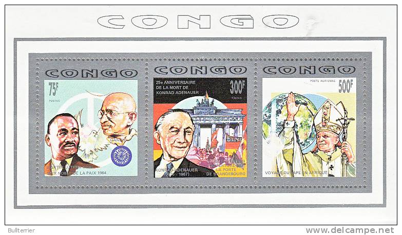 GANDHI   - CONGO - 1992 CELEBRITIES SHEETLET OF 3  GANDHI/POPE JOHN PAUL/ MARTIN LUTHER KING  MNH - Mahatma Gandhi