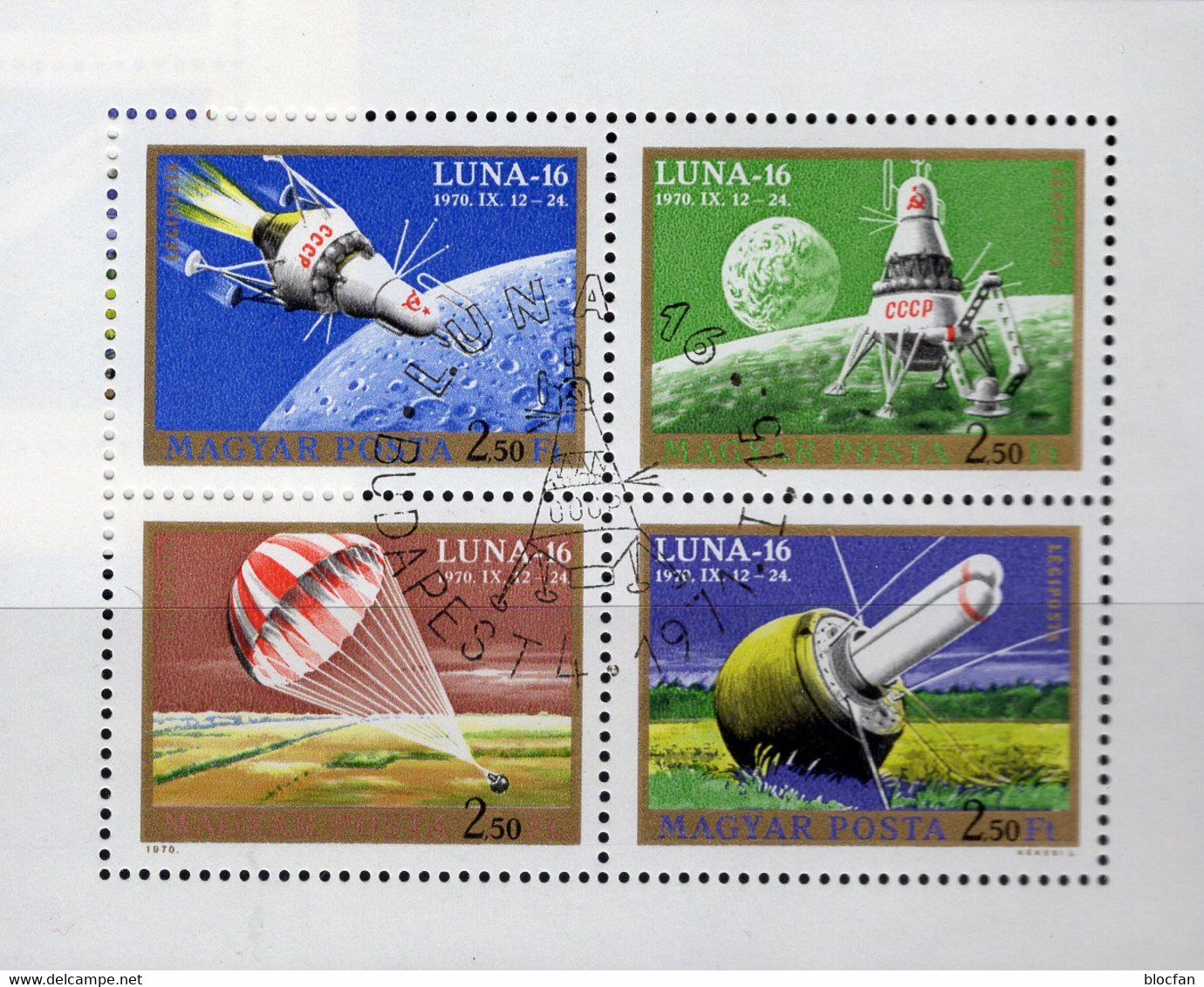 USSR-Raumfahrt 1970 Magyar 2642/5 Kleinbogen O 4€ LUNA 16 Landung Kapsel Ss Bloc Moon Space M/s Sheetlet Bf Hungary - Gebruikt