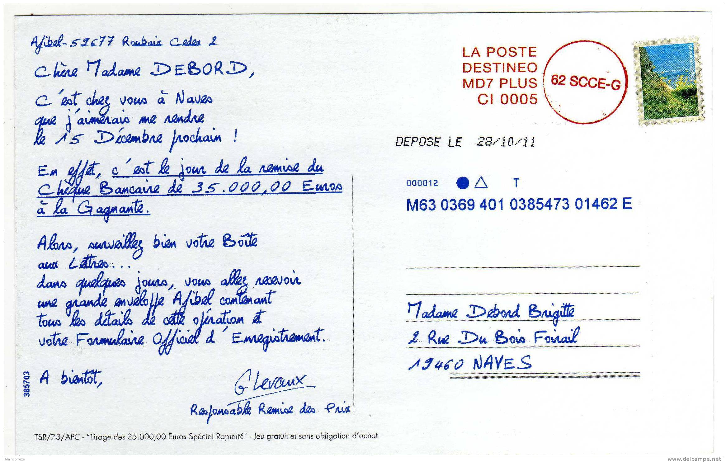 PAP Pseudo Entier Privé AFIBEL Pseudo Timbre Mer Fleurs  DESTINEO MD7 PLUS Pas De Calais Du 28/10/2011 - Pseudo-entiers Privés