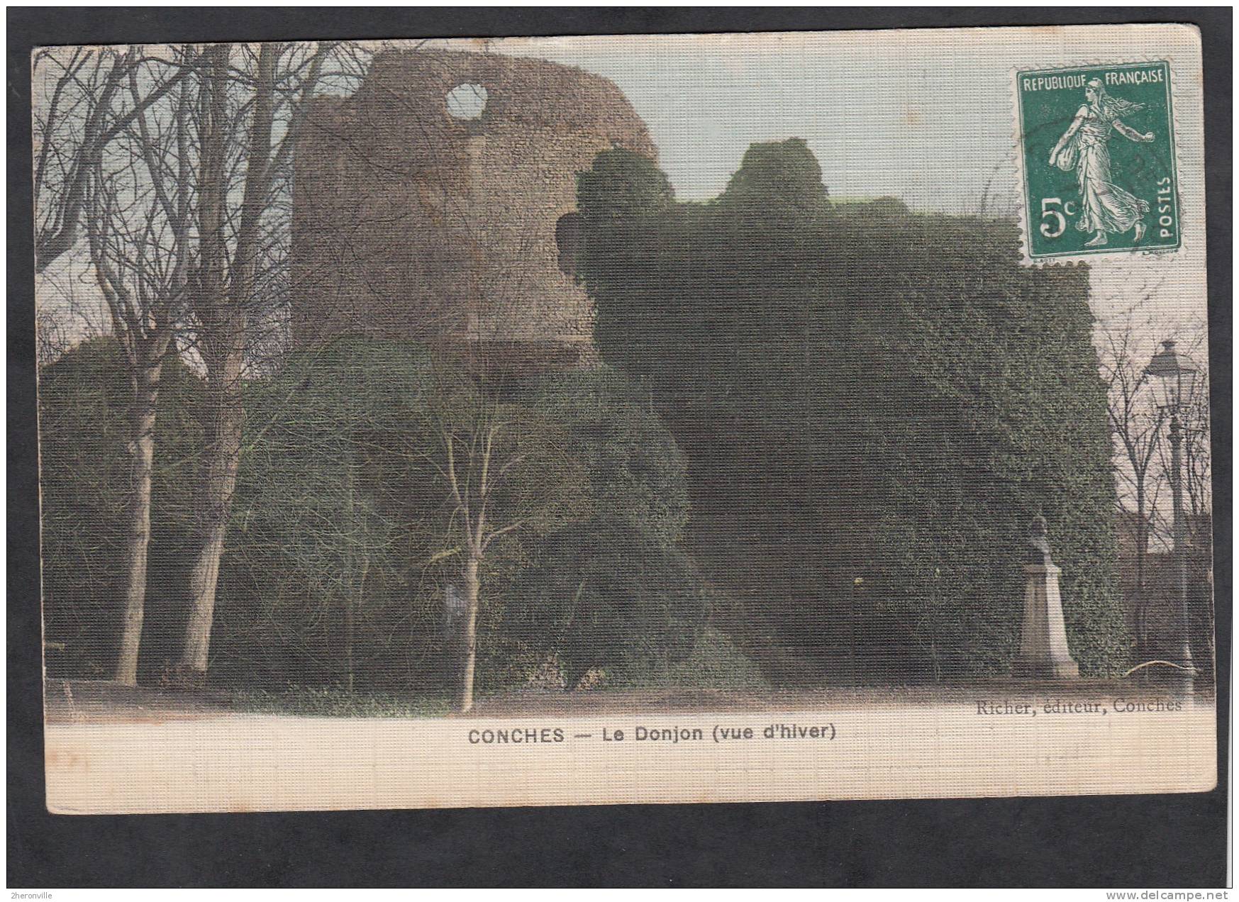 CPA Toilée - CONCHES - Le Donjon (vue D'hiver) - 1908 - Conches-en-Ouche