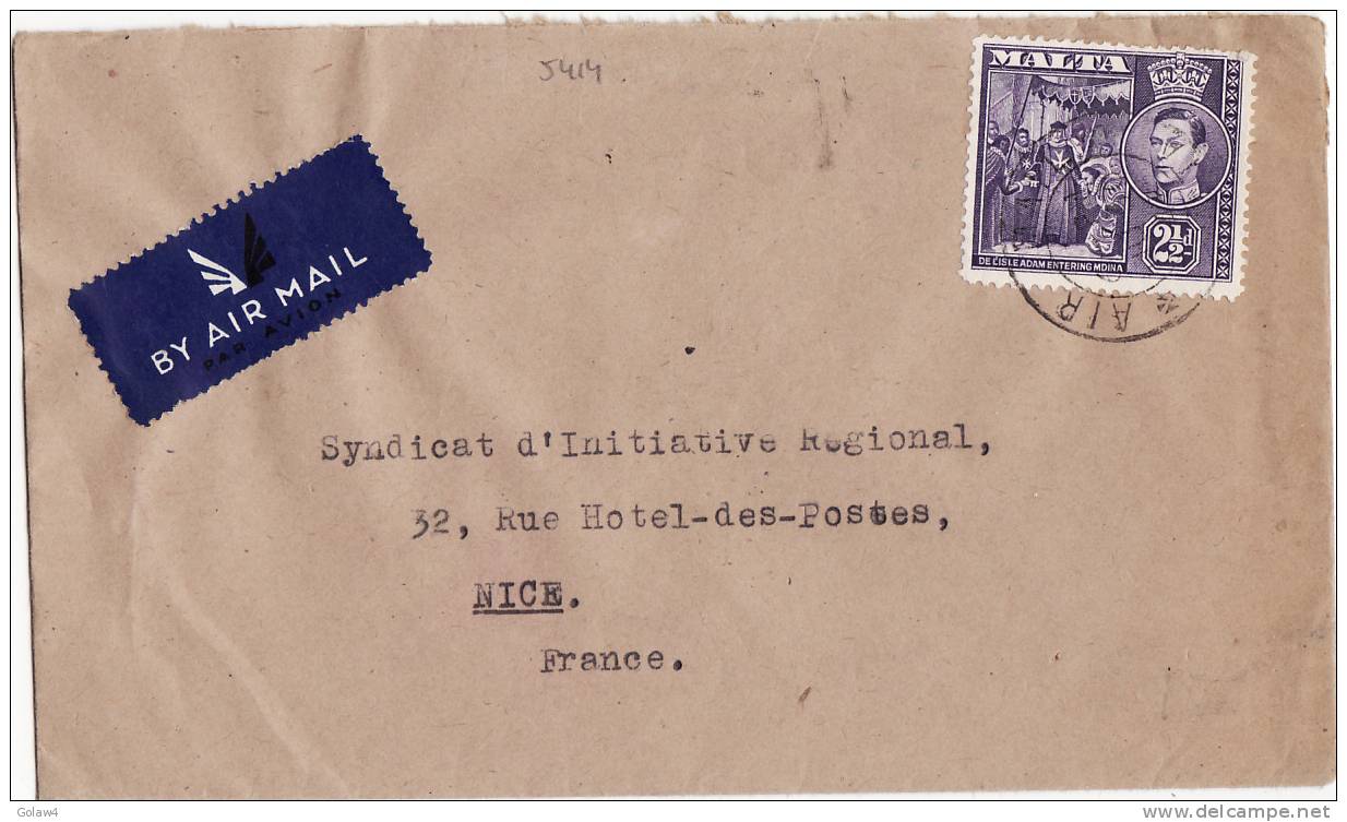 5414# MALTE LETTRE PAR AVION BY AIR AIL Obl AIR MALTA Pour NICE ALPES MARITIMES - Malta (...-1964)