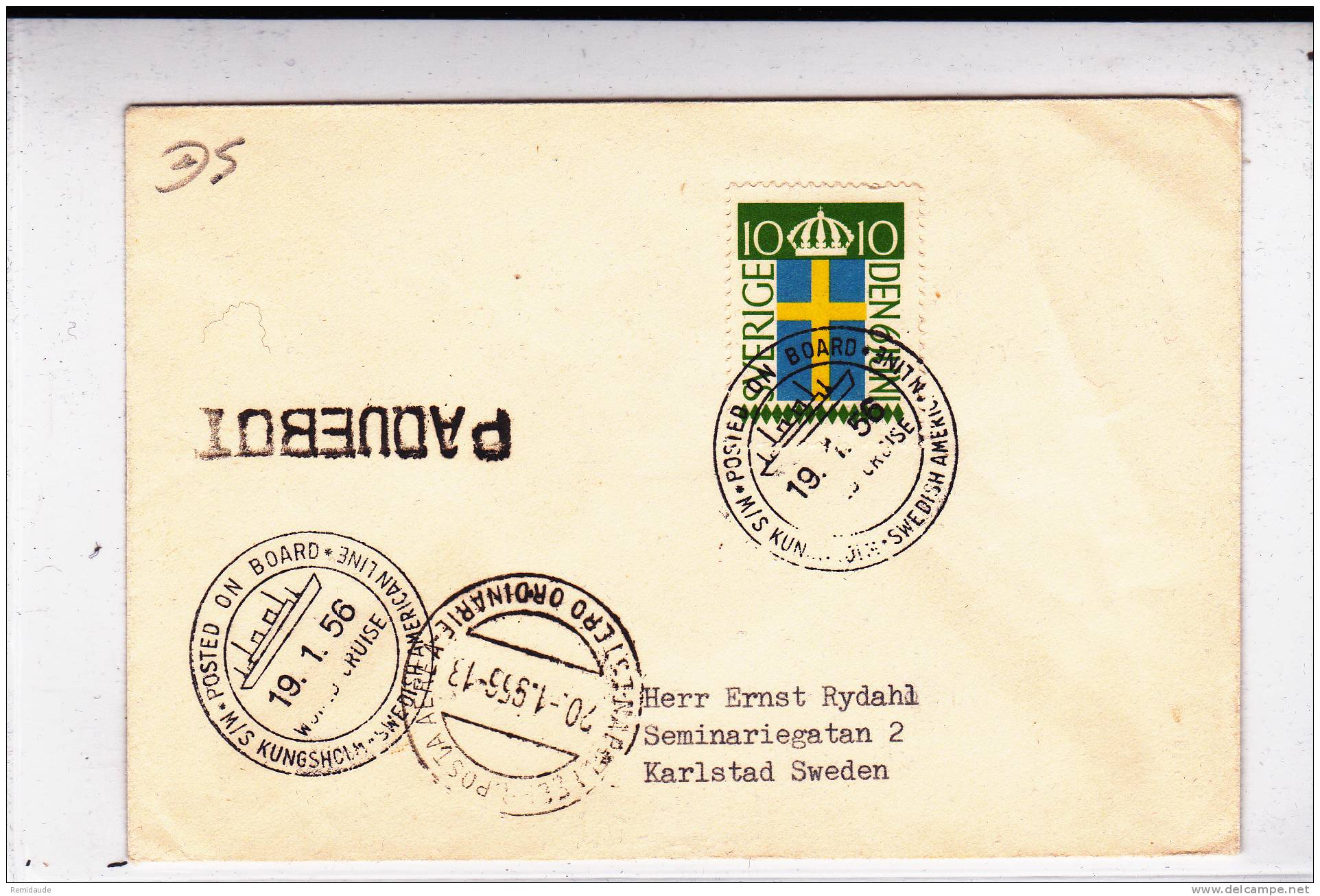 1956 - LIGNE MARITIME SWEDISH AMERICAN LINIE : PAQUEBOT "KUNGSHOLM" - ENVELOPPE Pour KARLSTAD (SUEDE) - Covers & Documents