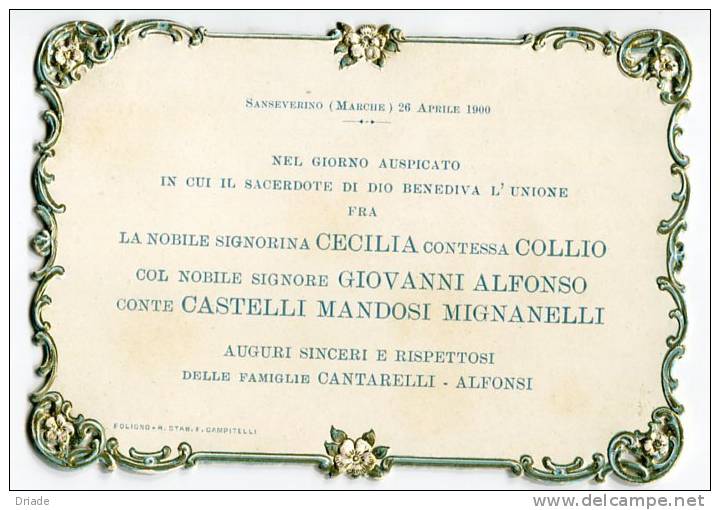 PARTECIPAZIONI MATRIMONIO SANSEVERINO ANNO 1900 MACERATA TIPOGRAFIA FOLIGNO - Altri & Non Classificati