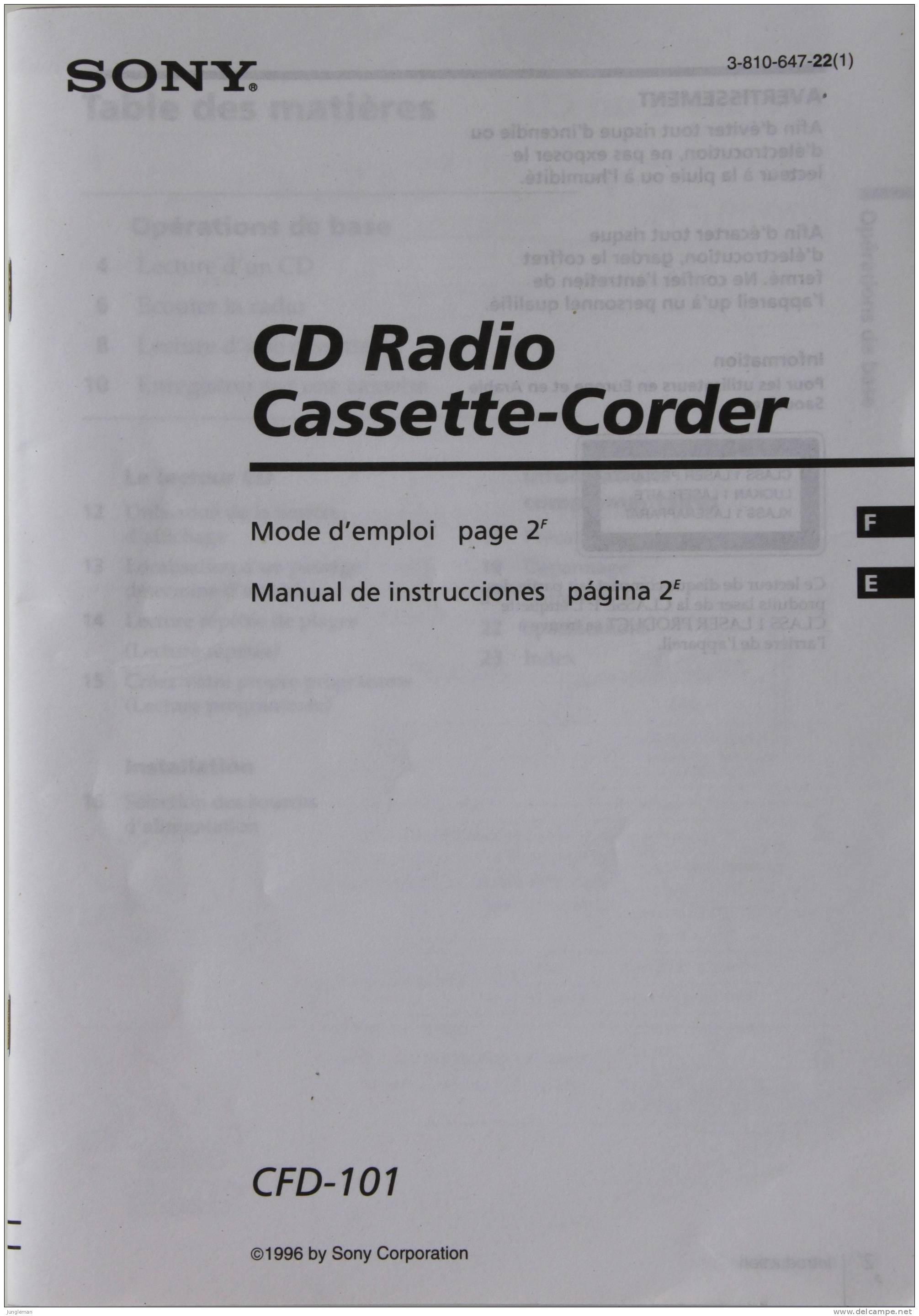 Livret Mode D'emploi Pour Sony CD Radio Cassette-Corder - 1996 - Audio-Visual