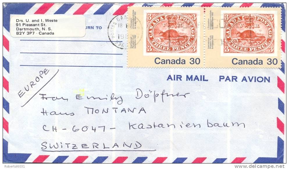 Canada 1982 Air Mail Cover To Switzerland With Pair Of 30 C. SOS Beaver - Stamps On Stamps