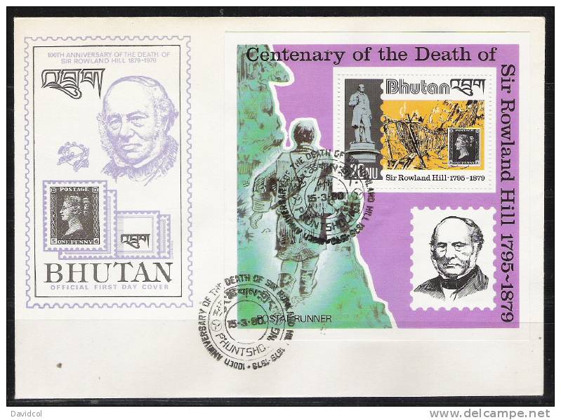 SA226.-.BHUTAN .-. 1980.-.SCOTT # 309 - S/S -  F.D.C. .-. CENTENARY OF THE DEATH OF SIR ROWLAND HILL - Rowland Hill