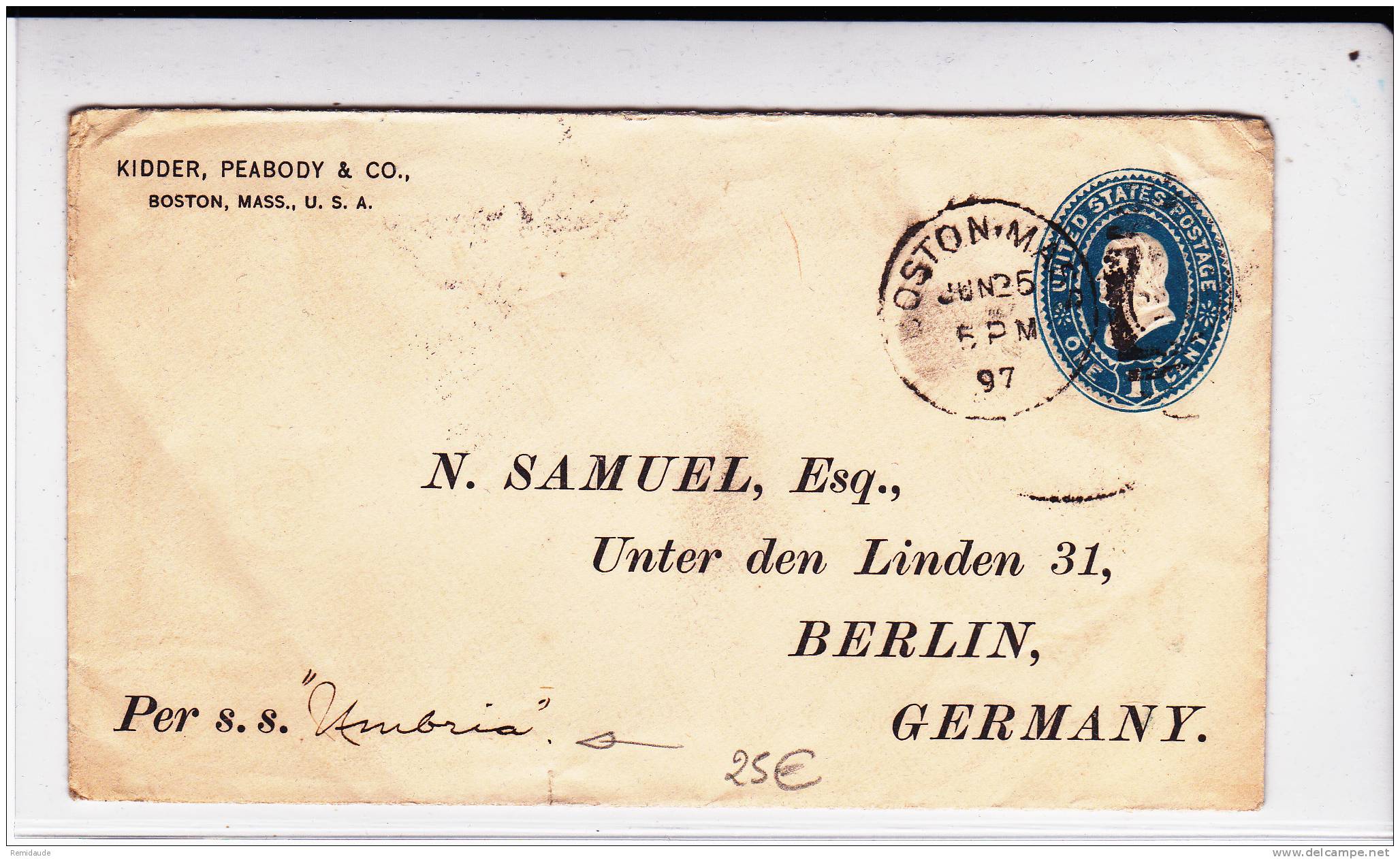 1897 - ENVELOPPE ENTIER POSTAL Avec REPIQUAGE De BOSTON Pour BERLIN Par SS "UMBRIA" - MARITIME - ...-1900