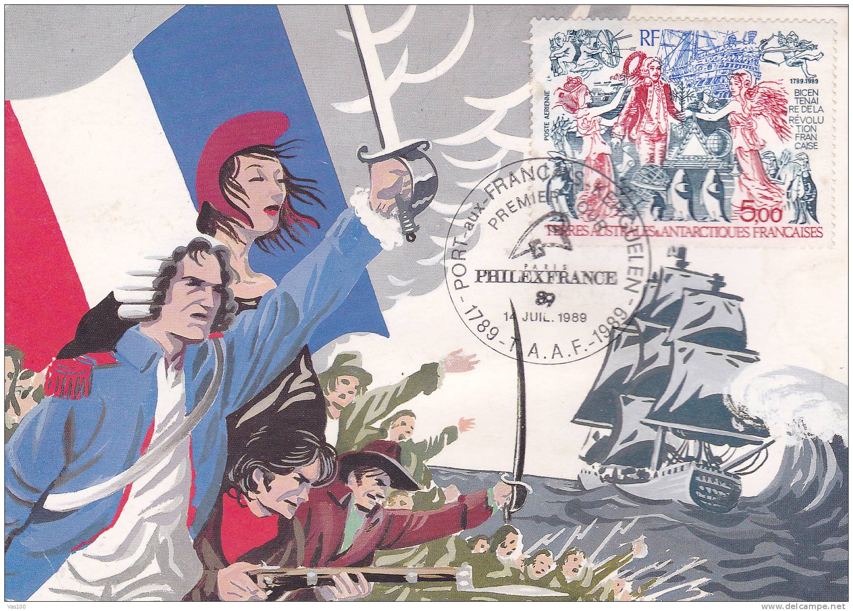 BICENTENAIRE DE LA REVOLUTION FRANCAISE 1989 CM,MAXICARD,CARTES MAXIMUM,PORT AUX F. KERGULEN,TAAF - French Revolution