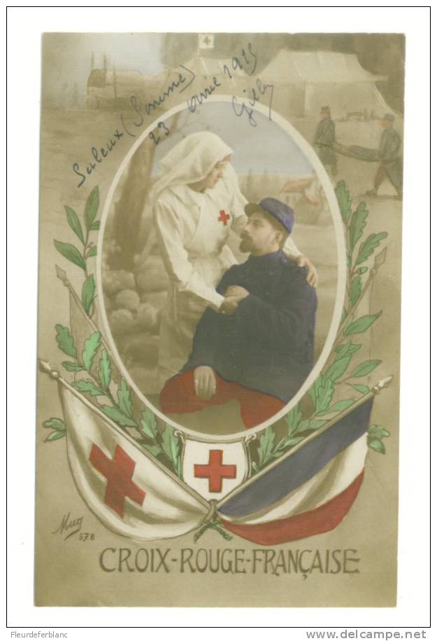 Croix-Rouge Française - CPA - Infirmière Veillant Sur Un Soldat, Militaire, Poilu, Drapeau - Rotes Kreuz
