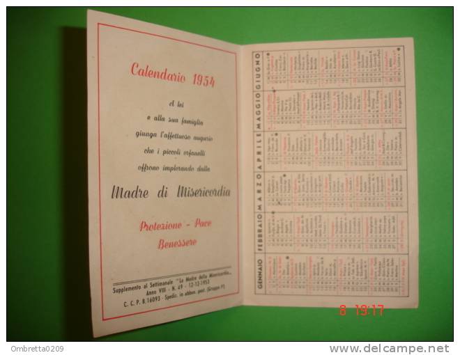 Calendarietto  1954 Con Bollettino Conti Correnti Postali - Pro Santuario MADONNA Di RIMINI - MADRE Della MISERICORDIA - Petit Format : 1941-60