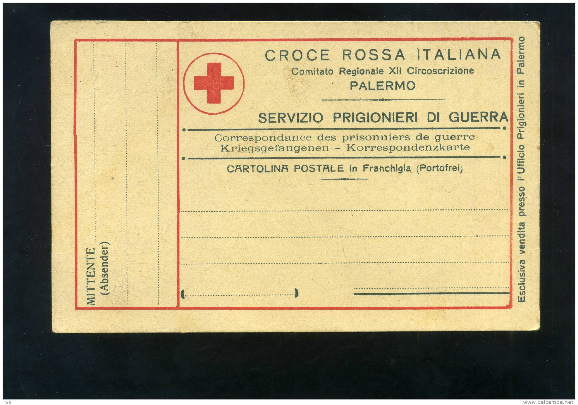 T0102 CARTOLINA FRANCHIGIA CROCE ROSSA PALERMO SERVIZIO PRIGIONIERI DI GUERRA - Rotes Kreuz