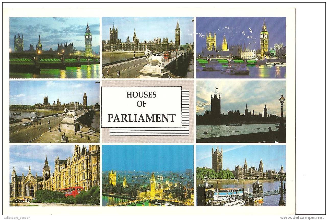 CP, Angleterre, London, Houses Of Parliament, 8 Vues,  Voyagée - Houses Of Parliament