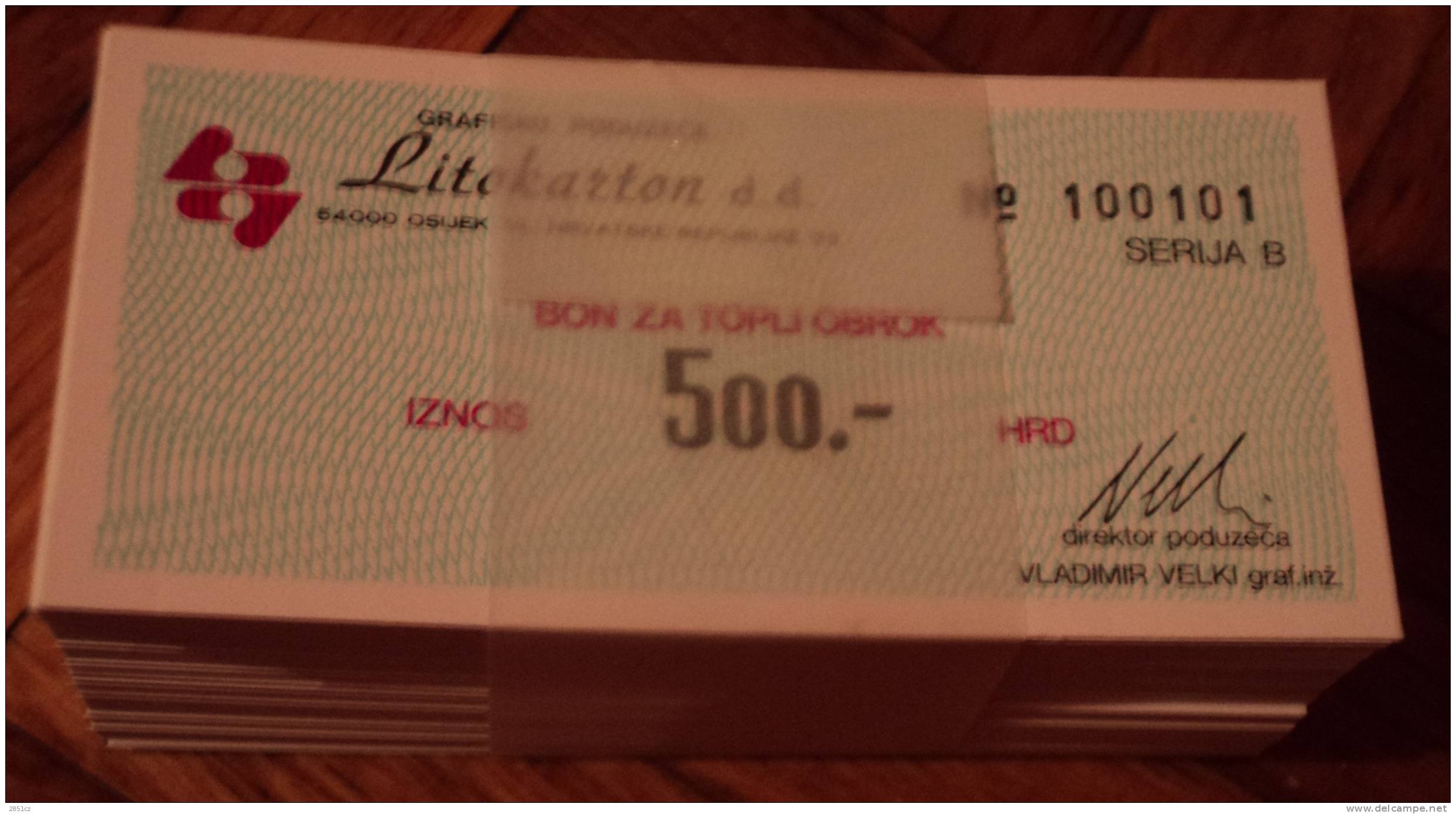 UNC MONEY COUPON FOR HOT MEAL IN COMPANY Litokarton - 500 HRD (bunch Of 100 Coupons) , Osijek, Croatia - Kroatien