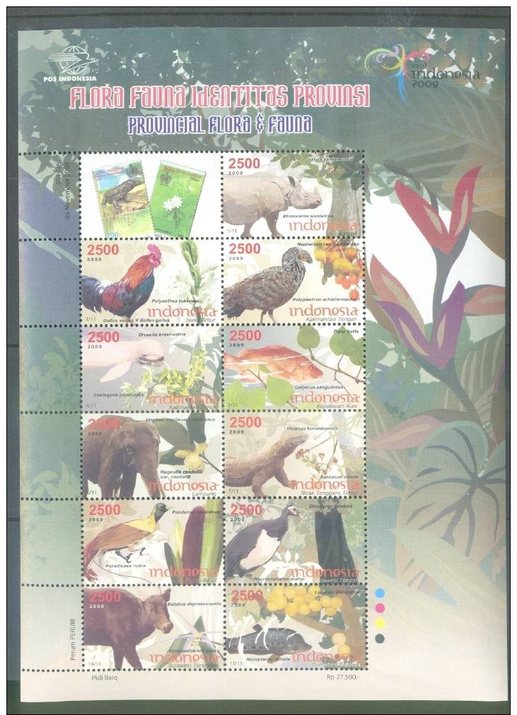 CHEAP SHIPPING * INDONESIA * S/S 11v * YEAR 2009 * RHINO * ROOSTER * BIRD * FISH * ELEPHANT * KOMODO LIZARD * MNH - Indonesia