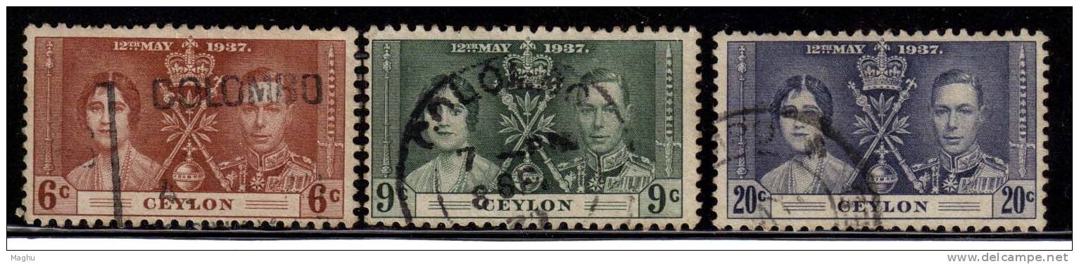 Ceylon / Sri Lanka Used 1937, Set Of 3, Coronation., - Ceylan (...-1947)