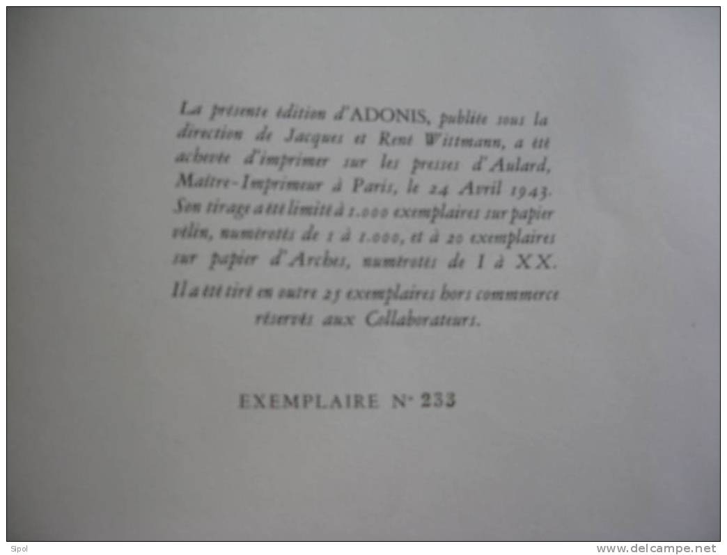 ADONIS Jean De La Fontaine -Illustrations Du Poussin- Exemplaire 233Editions D Histoire De L Art Librairie Plon MCMXLIII - Franse Schrijvers