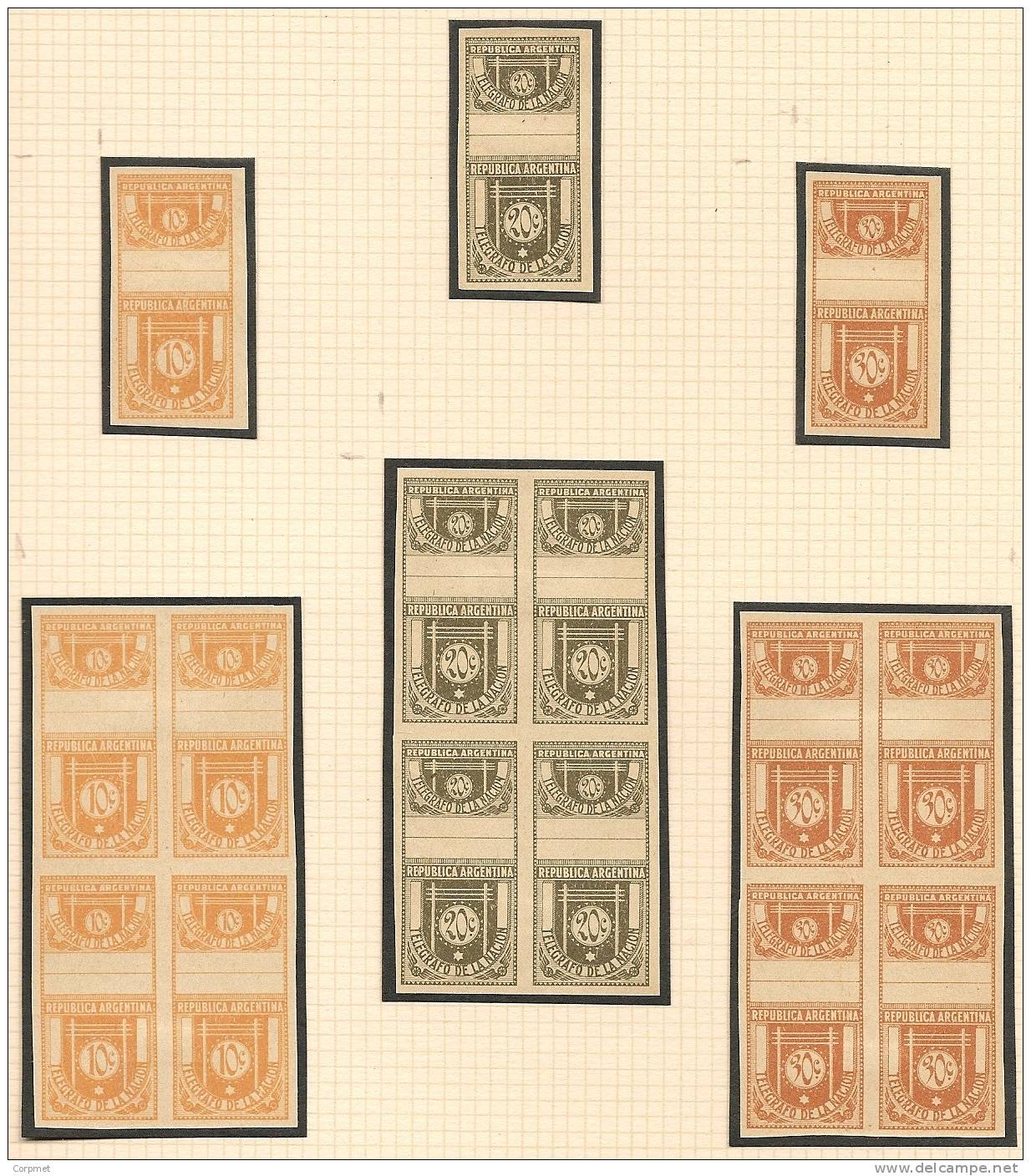 TELEGRAPH STAMPS -ARGENTINA 1930 COMPLETE SET Of 32 Values -IMPERFORATE ESSAYS In The Same Colors -SINGLE And BLOCK OF 4 - Télégraphes