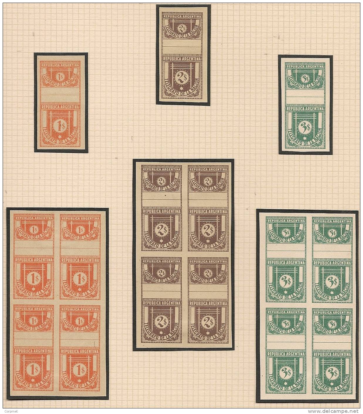 TELEGRAPH STAMPS -ARGENTINA 1930 COMPLETE SET of 32 values -IMPERFORATE ESSAYS in the same colors -SINGLE and BLOCK OF 4