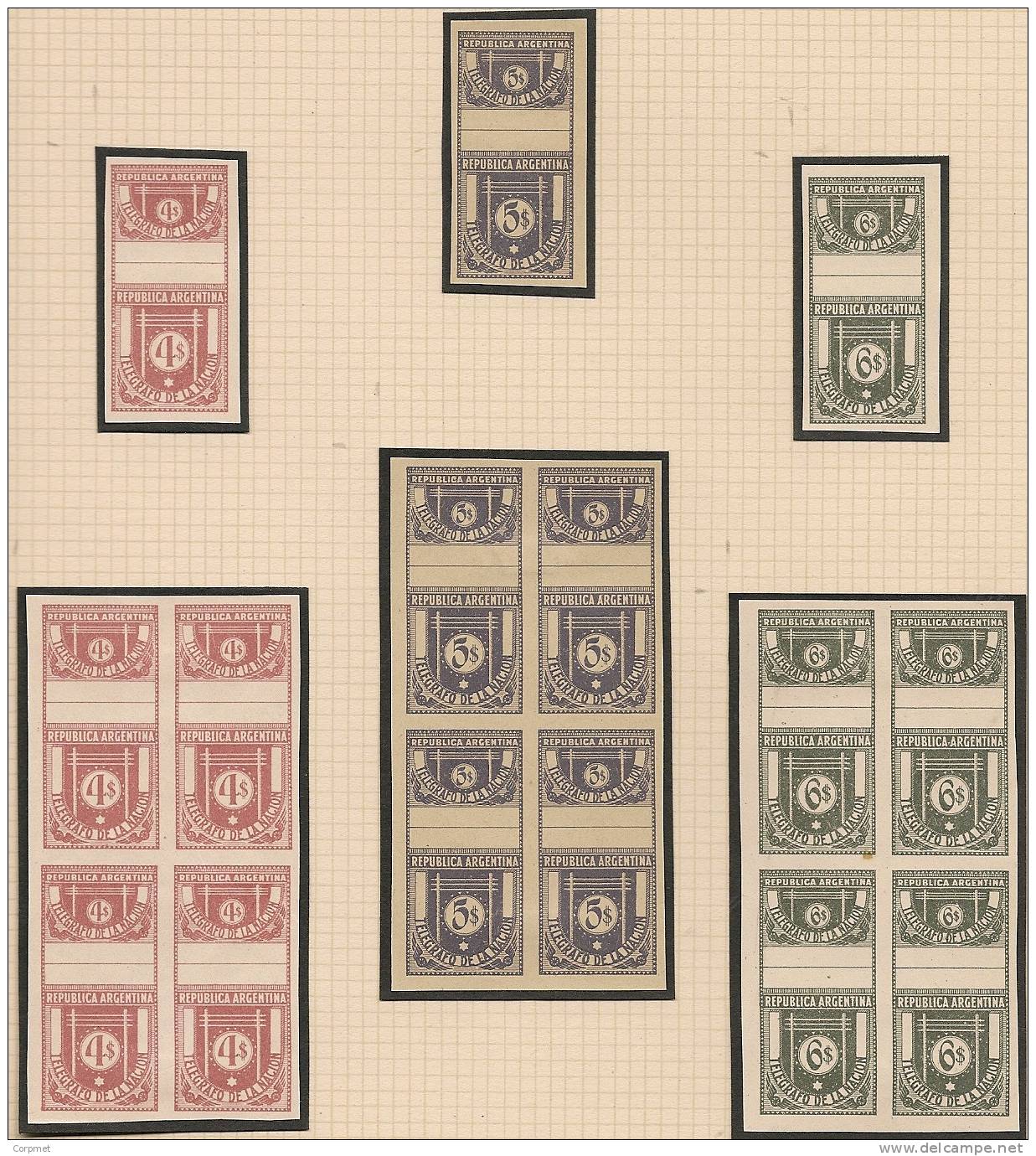 TELEGRAPH STAMPS -ARGENTINA 1930 COMPLETE SET of 32 values -IMPERFORATE ESSAYS in the same colors -SINGLE and BLOCK OF 4