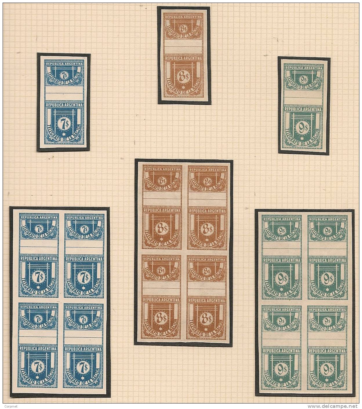 TELEGRAPH STAMPS -ARGENTINA 1930 COMPLETE SET of 32 values -IMPERFORATE ESSAYS in the same colors -SINGLE and BLOCK OF 4