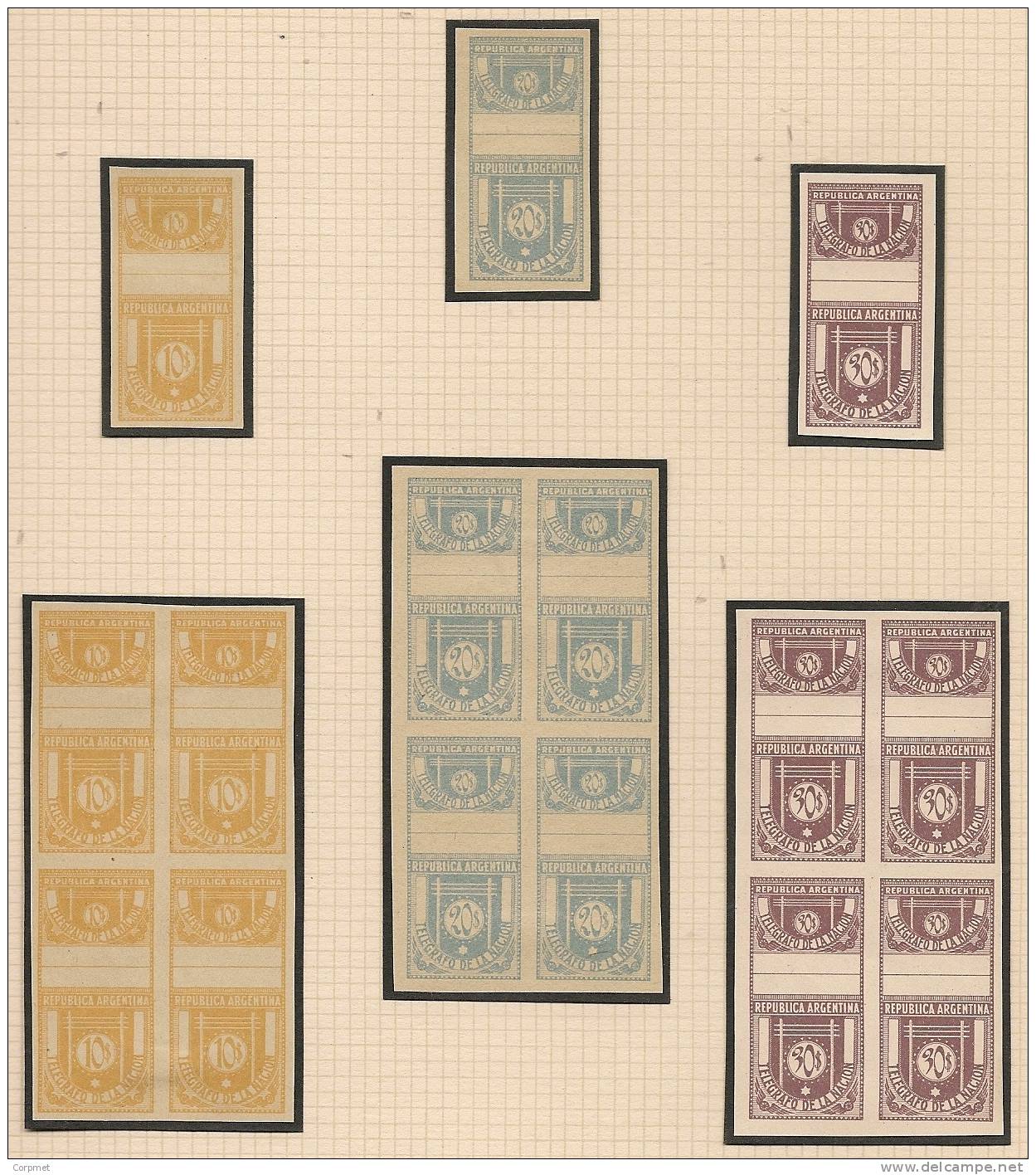 TELEGRAPH STAMPS -ARGENTINA 1930 COMPLETE SET of 32 values -IMPERFORATE ESSAYS in the same colors -SINGLE and BLOCK OF 4
