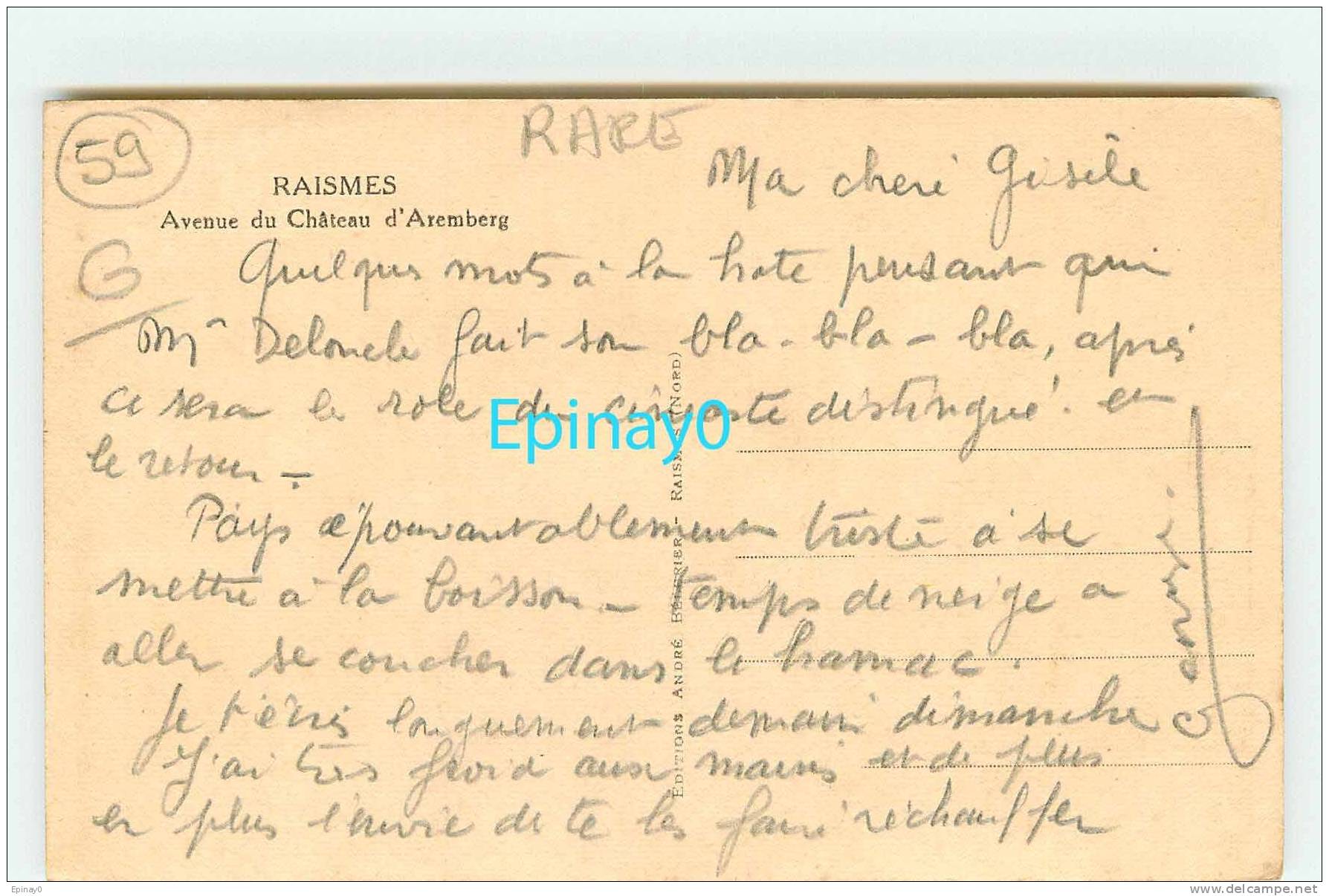 Br - 59 - RAISMES - Avenue Du Château D´Aremberg - édition Belerier - Raismes