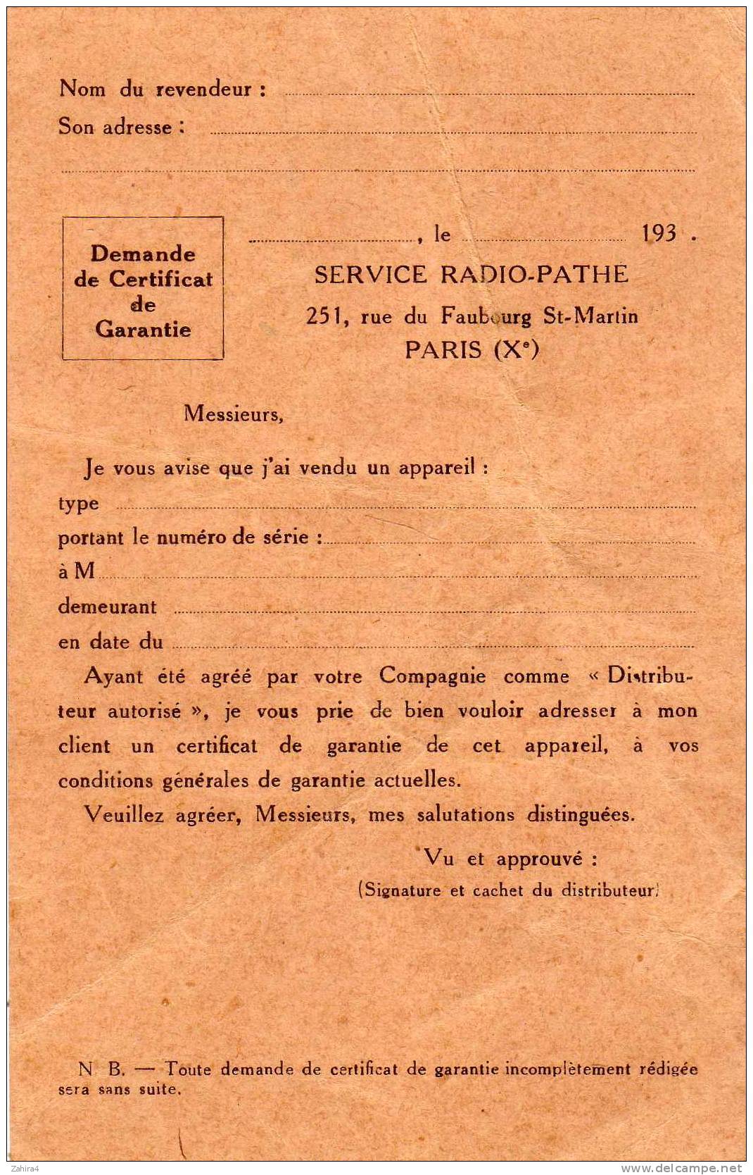 Pathé - Service Radio Pathé - Paris - C.P.A. De Demande De Garantie - Publicité