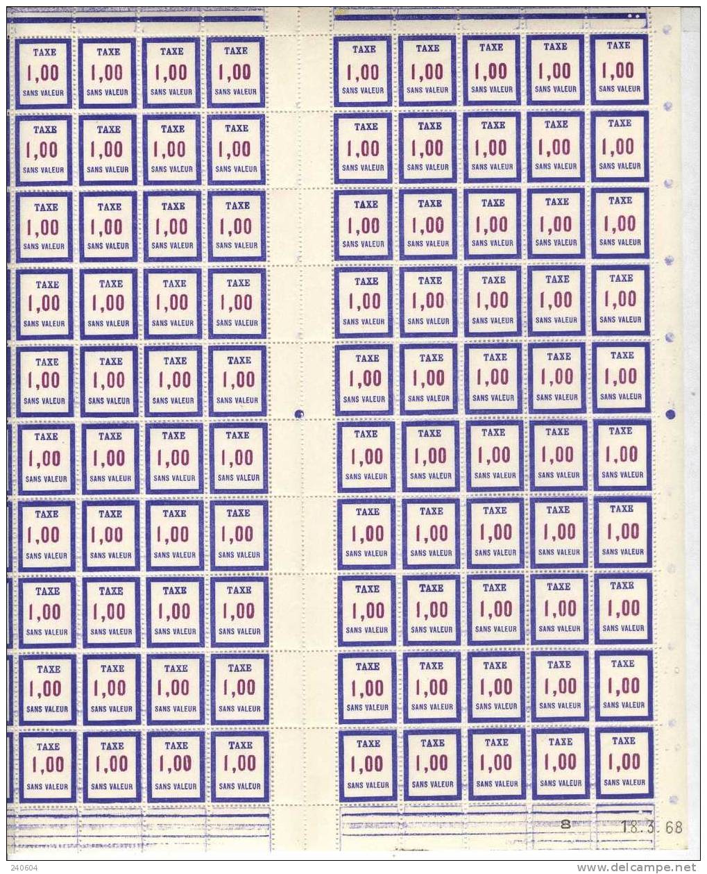 Feuille De Fictif  --   F T 21   --   1.00   -- 100 Timbres Coin Daté En Date Du 18 / 03 / 68 - Phantomausgaben