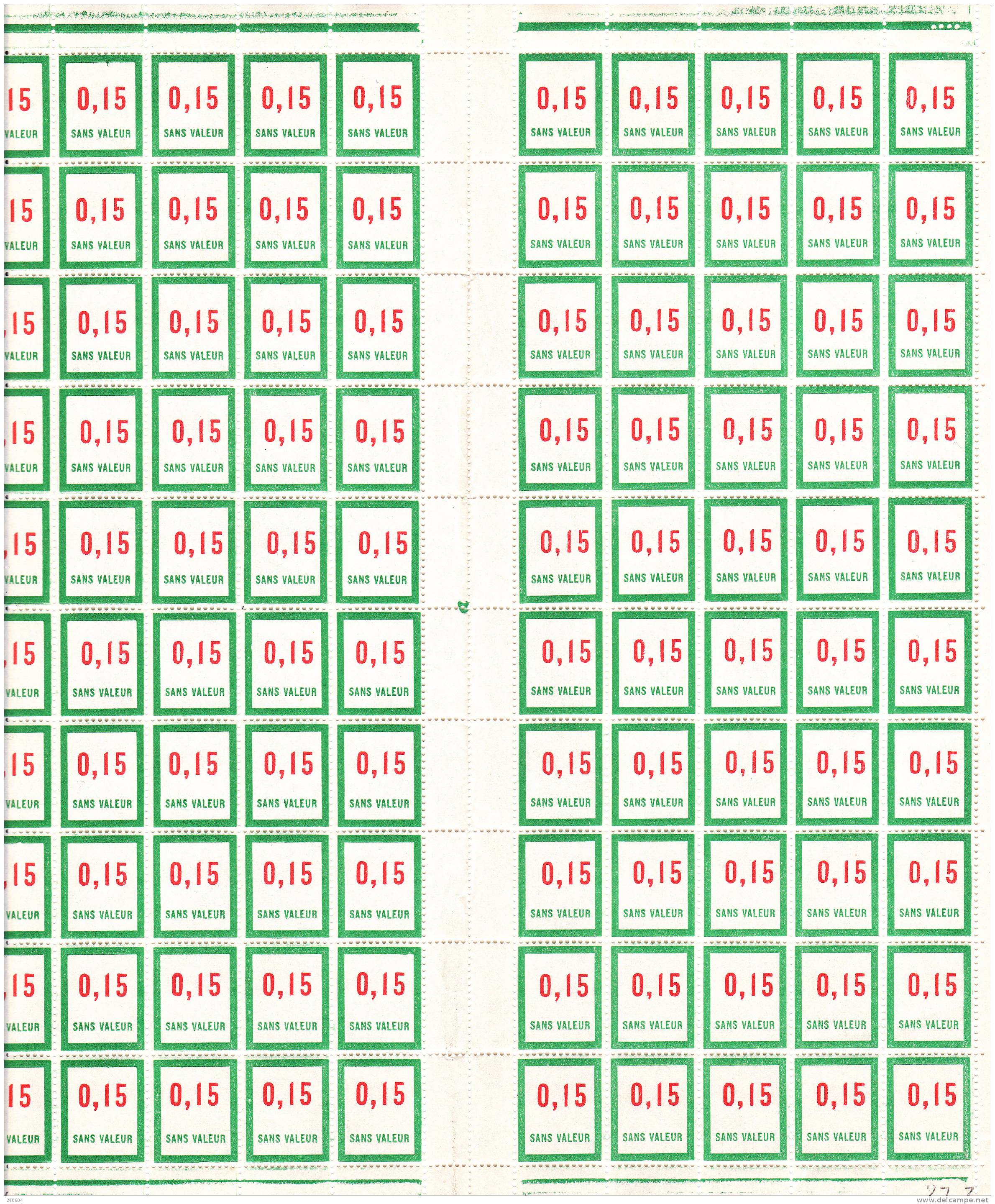 Feuille De Fictif  --   F  142   --   0.15   -- 100 Timbres Coin Daté En Date Du 27 / 03 / 61 - Finti