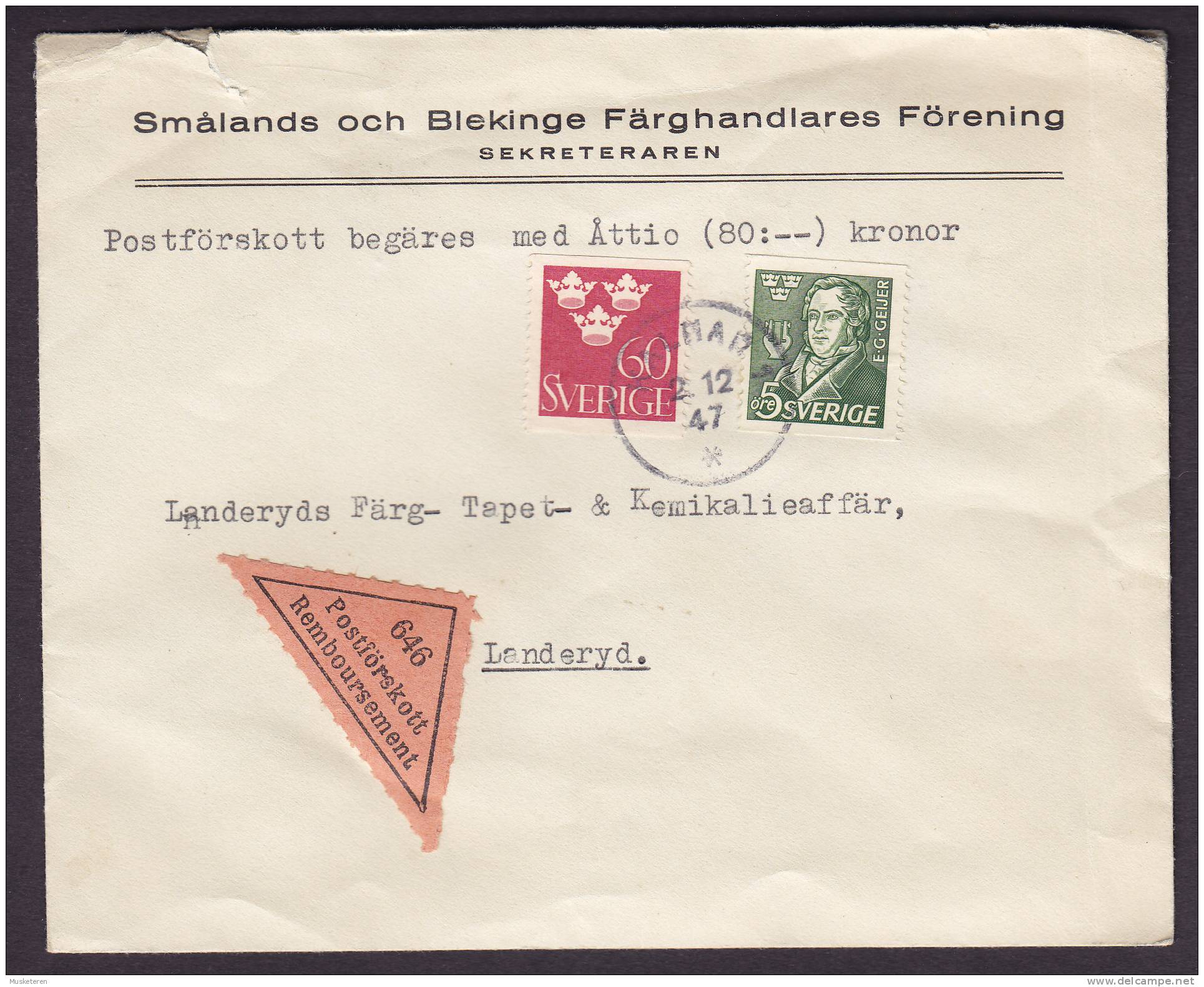 Sweden Postförskott Remboursement Label SMÅLANDS Och BLEKINGE FÄRGHANDLARES FÖRENING, KALMAR 1947 Cover To LANDERYD - Lettres & Documents