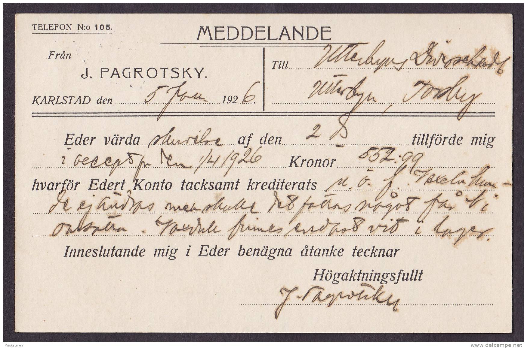 Sweden J. PAGROTSKY, KARLSTAD 1926 Commercial Card To TORSBY (2 Scans) - Lettres & Documents