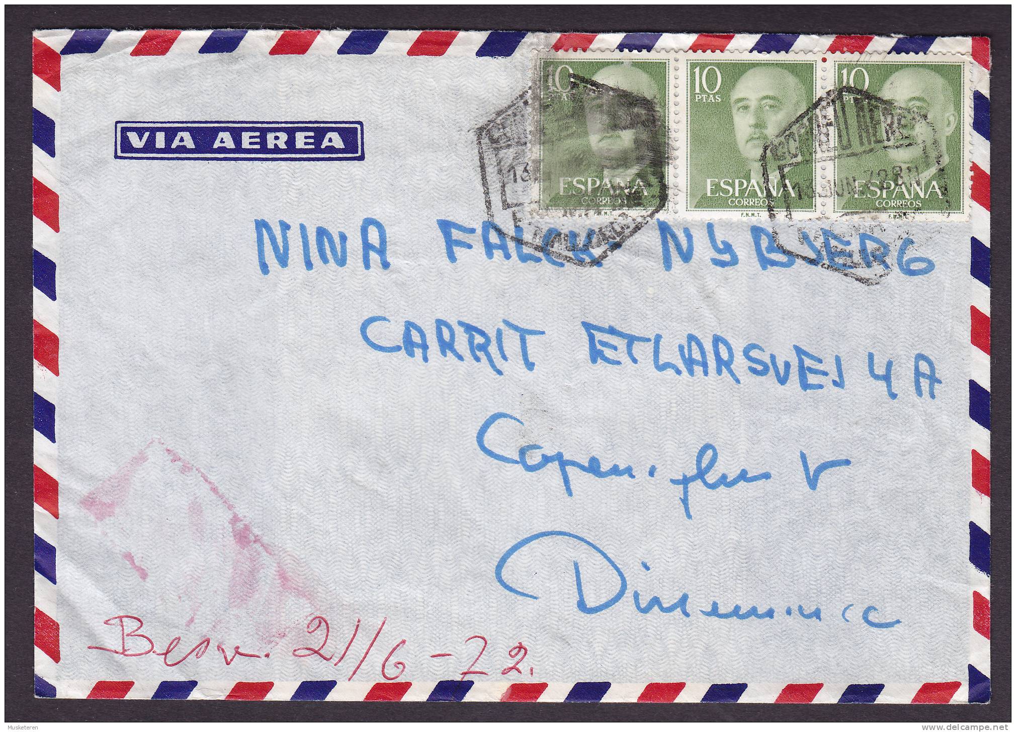 Spain Airmail Via Aerea MALLORCA 1972 Cover To Dinamarca Denmark 3-Stripe Franco Stamps - Briefe U. Dokumente