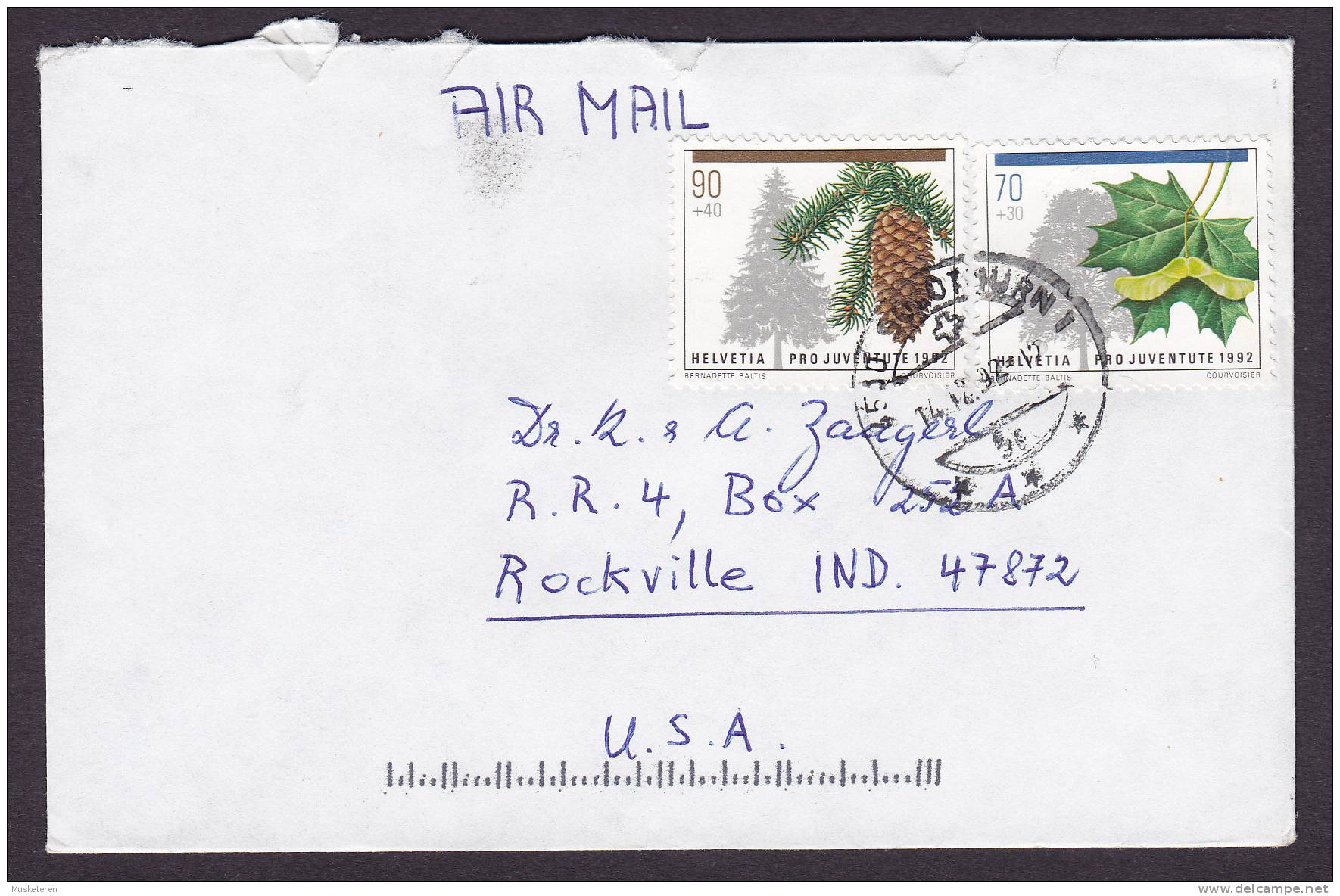 Switzerland Airmail 1992 Cover To ROCKVILLE Indiana USA Pro Juventute Stamps Waldbäume - Sonstige & Ohne Zuordnung