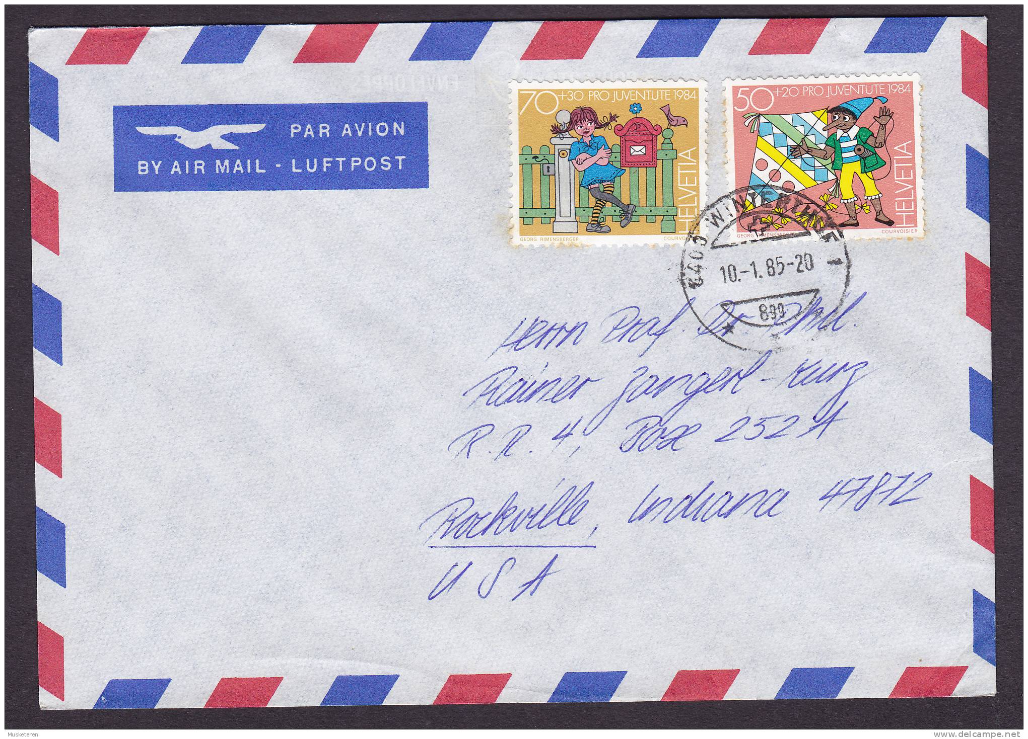 Switzerland Airmail WINTERTHUR 1985 Cover To ROCKVILLE Indiana USA Pro Juventute Stamps - Andere & Zonder Classificatie