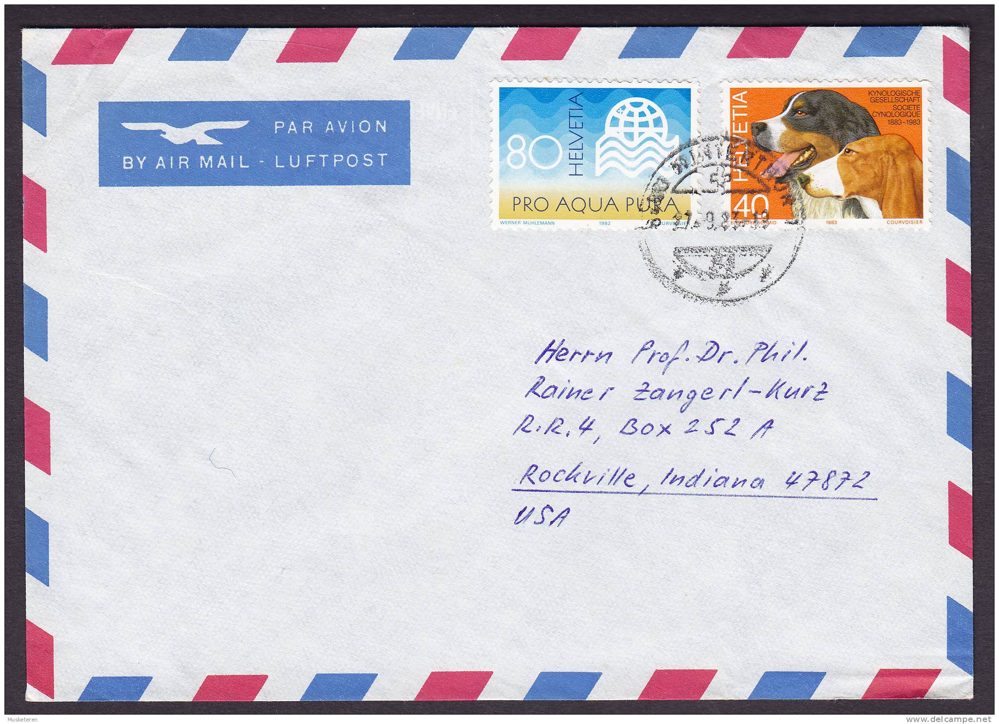 Switzerland Airmail WINTERTHUR 1983 Cover To ROCKVILLE Indiana USA Pro Aqua Dogs Chiens Hunde - Sonstige & Ohne Zuordnung