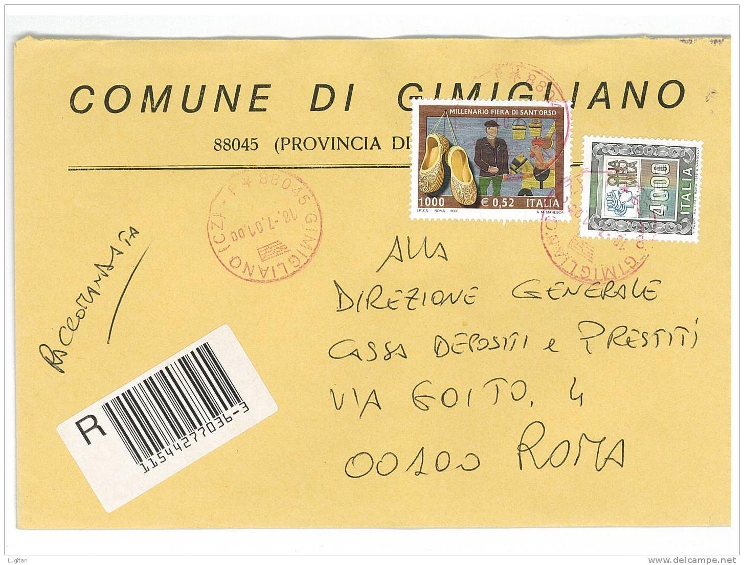 GIMIGLIANO CAP 88045 PROV. CATANZARO  ANNO 2002  CZ - R  - CALABRIA  -TEMATICA COMUNI D'ITALIA - STORIA POSTALE - Macchine Per Obliterare (EMA)