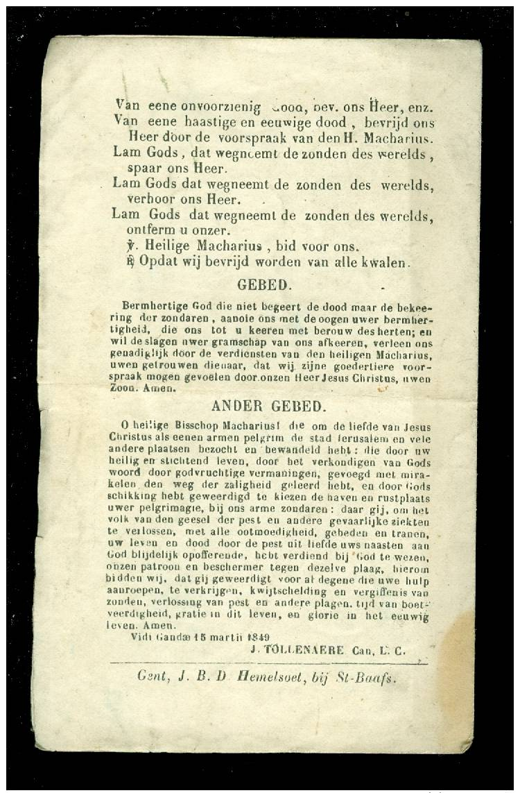 Devotieprentje ( 7146 )   Saint Macharius  Litanie  Heilige Macharius   Gand 1849 - Images Religieuses