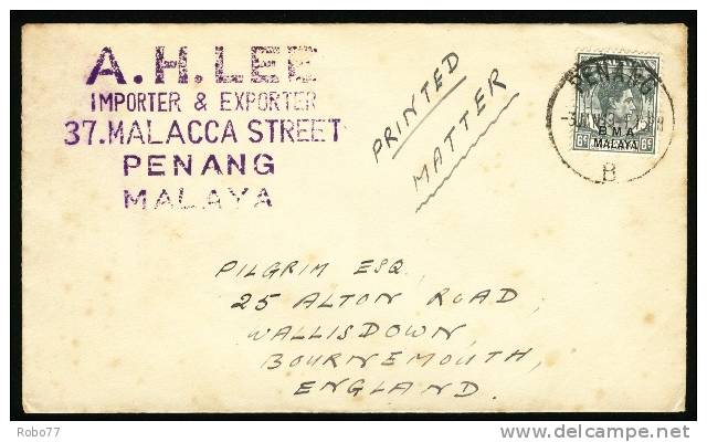 1949 Malaya Penang. Cover  Sent To Bournemouth - England.  Penang 3.Jan.49. (H107c011) - Penang
