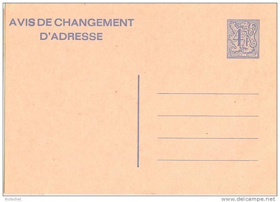 Belgique Carte Avis Changement D'adresse N° 21 III F ** - Avis Changement Adresse