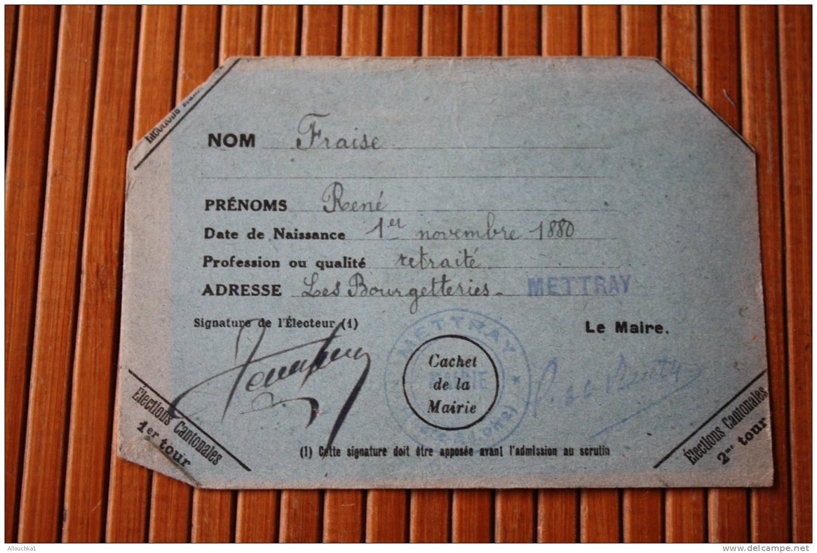 RARE 1945 GUERRE CARTE ELECTEUR  CANTON DE TOURS NORD  COMMUNE DE METTRAY DEPARTEMENT INDRE ET LOIRE ELECTIONS CANTONALE - Otros & Sin Clasificación