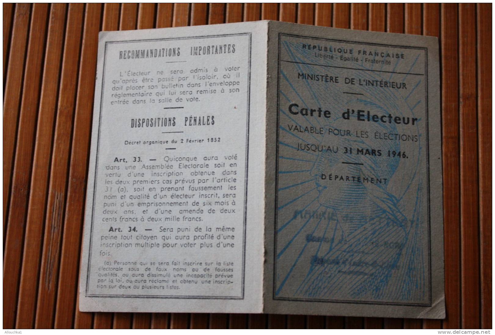 RARE 1946  CARTE ELECTEUR  CANTON DE TOURS NORD  COMMUNE DE METTRAY DEPARTEMENT INDRE ET LOIRE ELECTIONS CANTONALE - Otros & Sin Clasificación