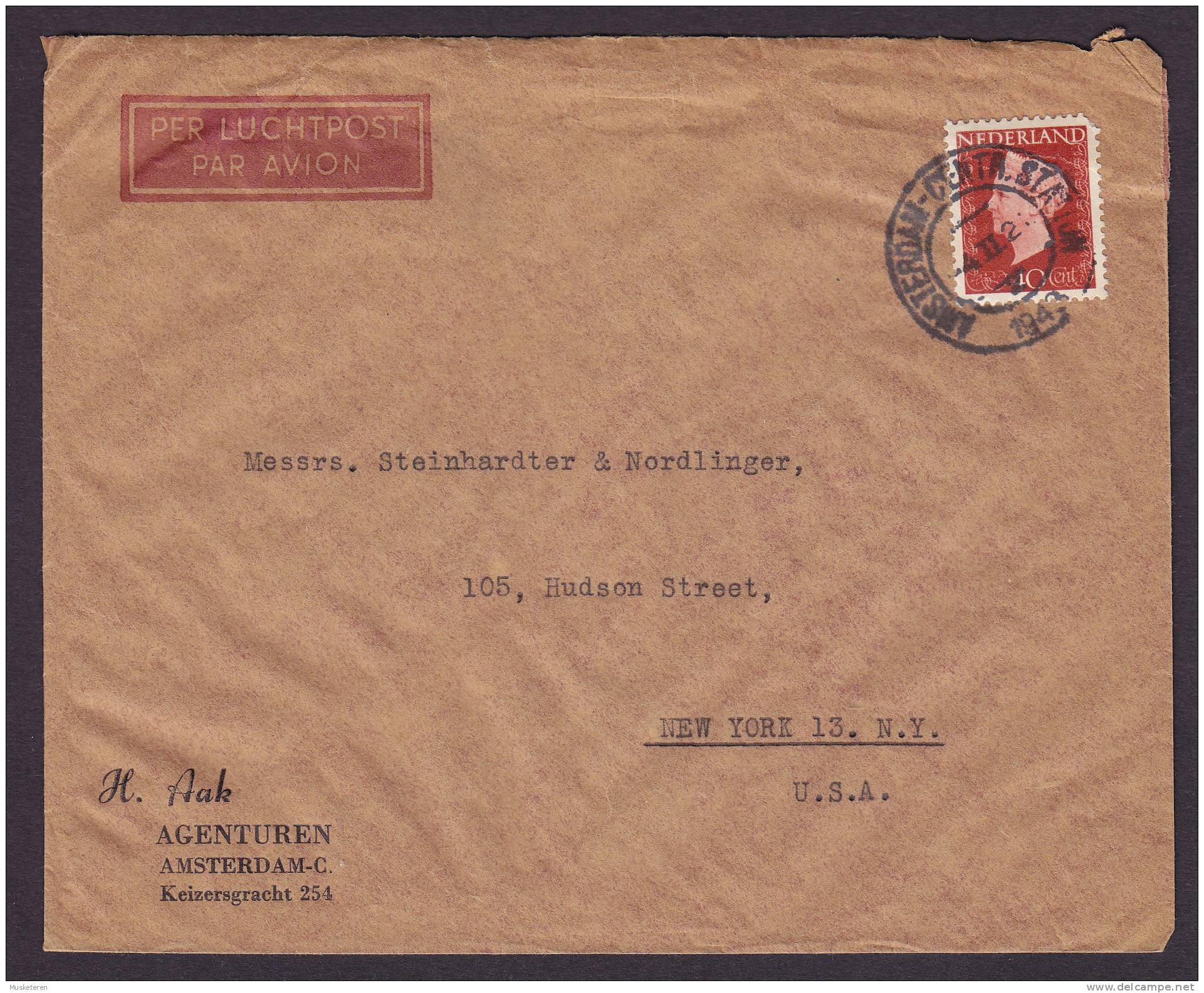 Netherlands Airmail Par Avion H. AAK Agenturen Deluxe AMSTERDAM CENTRAL STATION 1943 Cover To USA - Posta Aerea