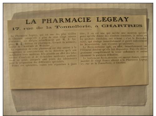 1926 - CHARTRES La Pharmacie LEGEAY Rue De La Tonnellerie   -Ancienne Coupure De Presse Orignale - Documents Historiques