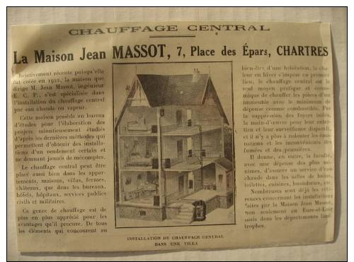 1926 - CHARTRES Maison MASSOT Chauffagiste     -Ancienne Coupure De Presse Orignale(avec Encart Photo) - Documents Historiques